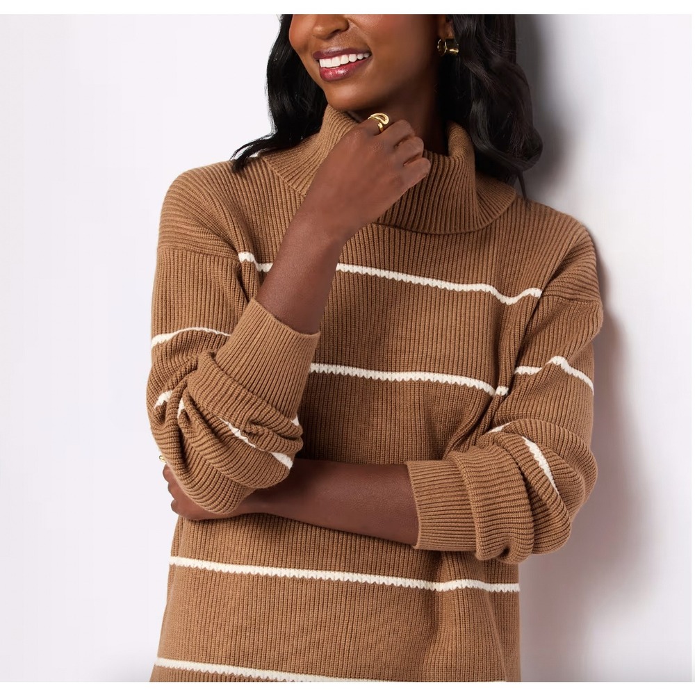 Varley Hamish Stitch‎ Knit Sweater Brown Cream Striped Turtleneck XS VAR02819